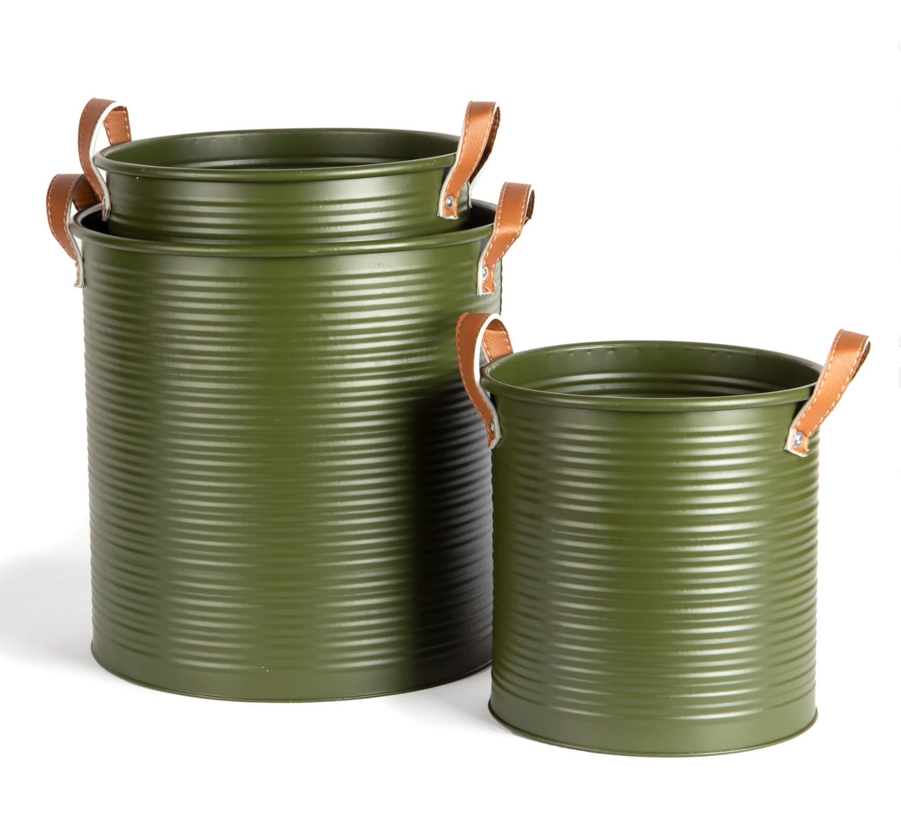 Round Metal Dark Green Tubs with Brown Ear Handles 9622/1-3