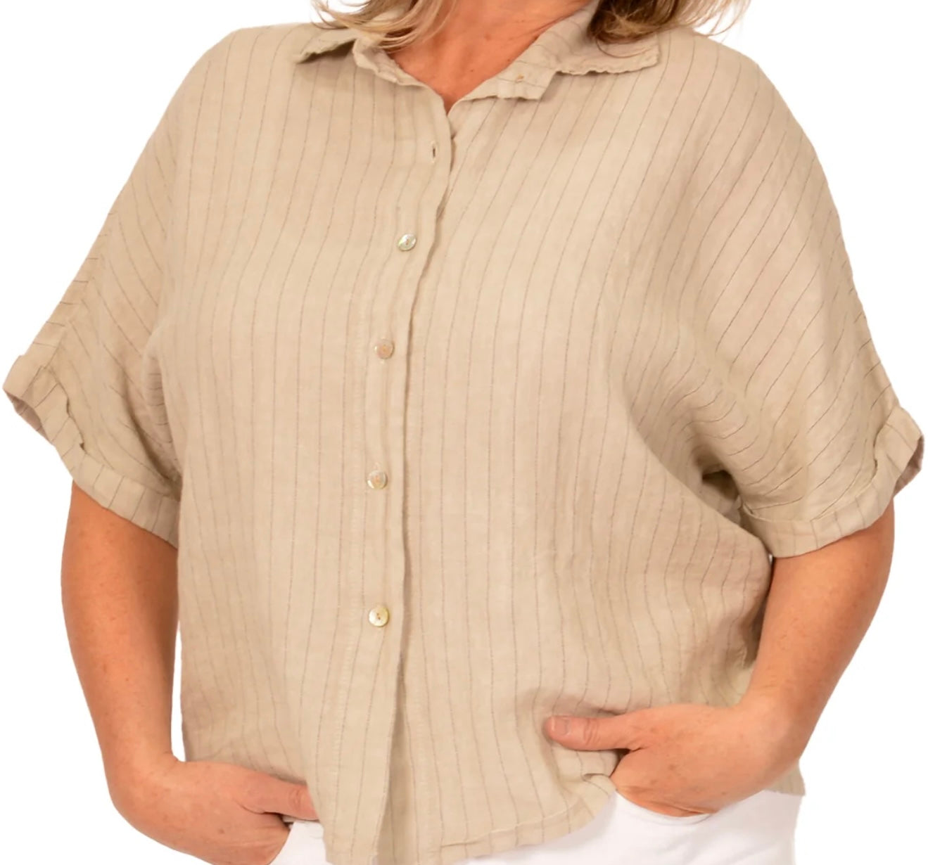BEIGE STRIPE LINEN BUTTON DOWN