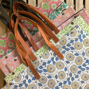 Oversized Blockprint Bags with Leather Straps (Made with Vintage Upcycled Materials)