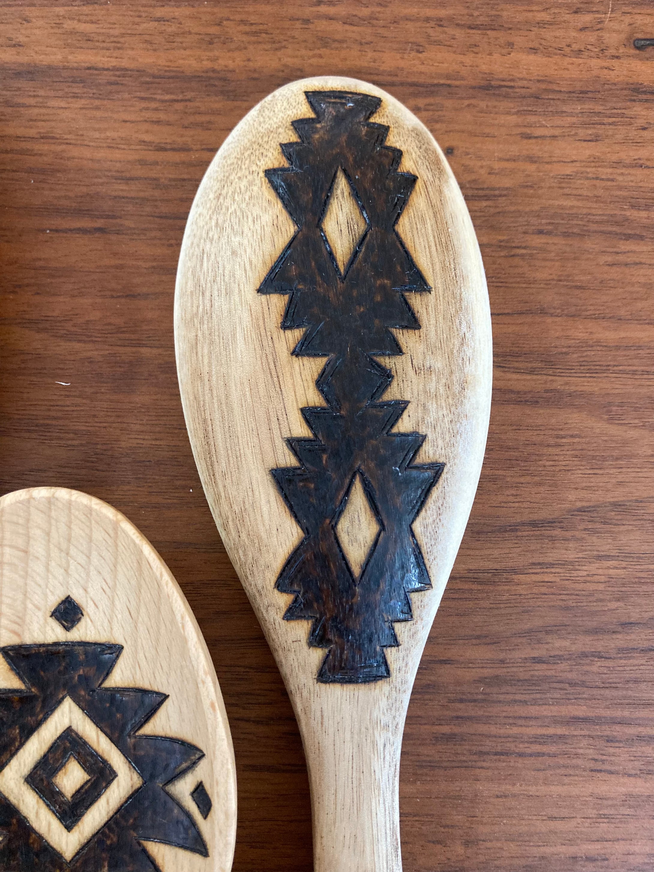 Desert Collection Aztec Design - Burned Wooden Spoons - Plaid and Peaches
