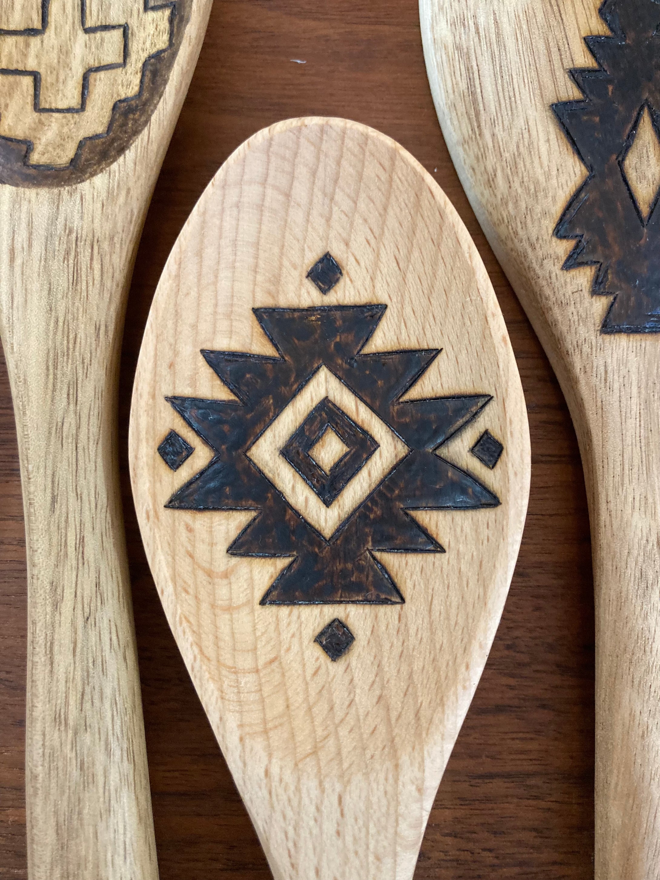 Desert Collection Aztec Design - Burned Wooden Spoons - Plaid and Peaches