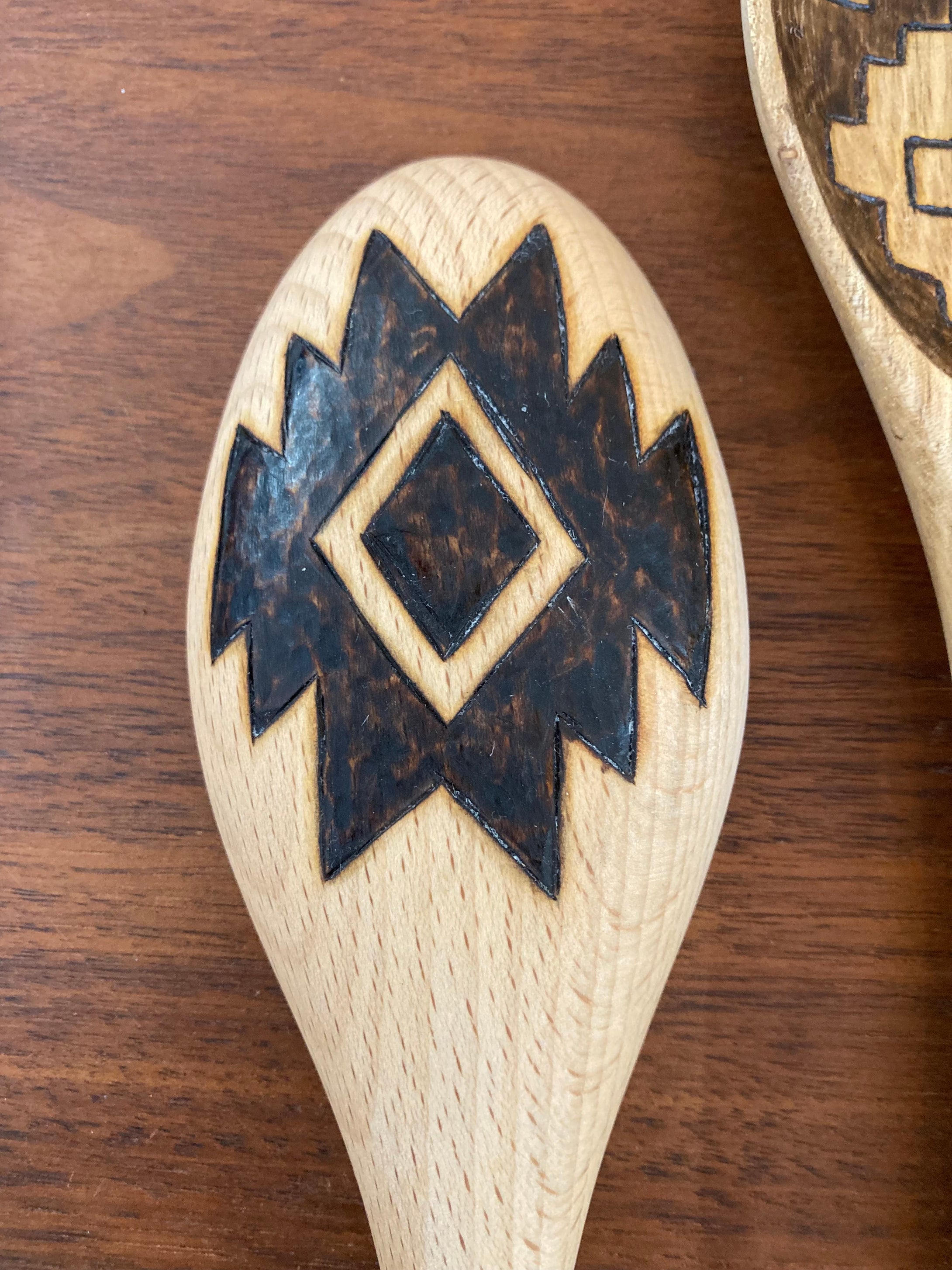 Desert Collection Aztec Design - Burned Wooden Spoons - Plaid and Peaches